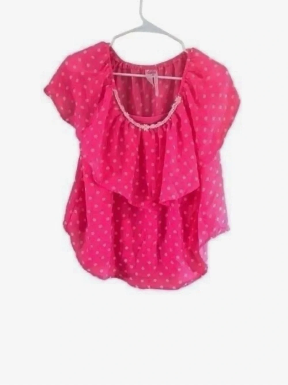 Justice Hot Pink Polka Dot Ruffle Top with Trimmed Scoop Neck